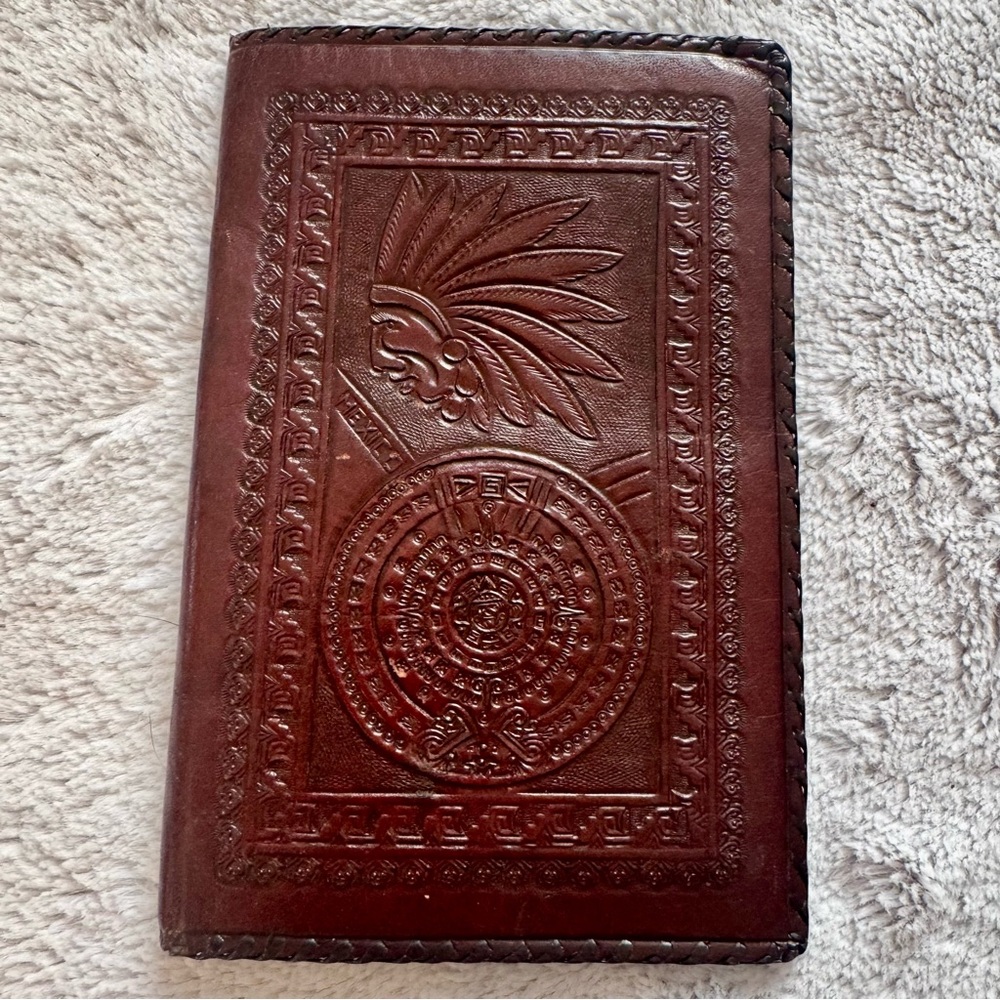 Vintage Handcrafted Tooled Leather Passport Wallet Mayan‎ Calendar Design Mexico
